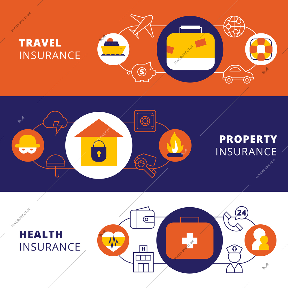 Property travel cars and health insurance companies policy 3 horizontal flat banners set abstract isolated vector illustration