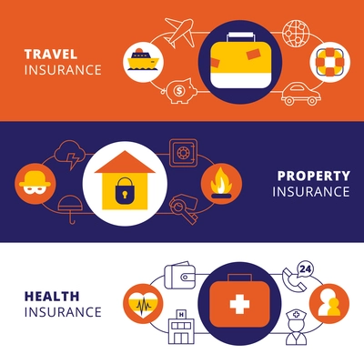 Property travel cars and health insurance companies policy 3 horizontal flat banners set abstract isolated vector illustration