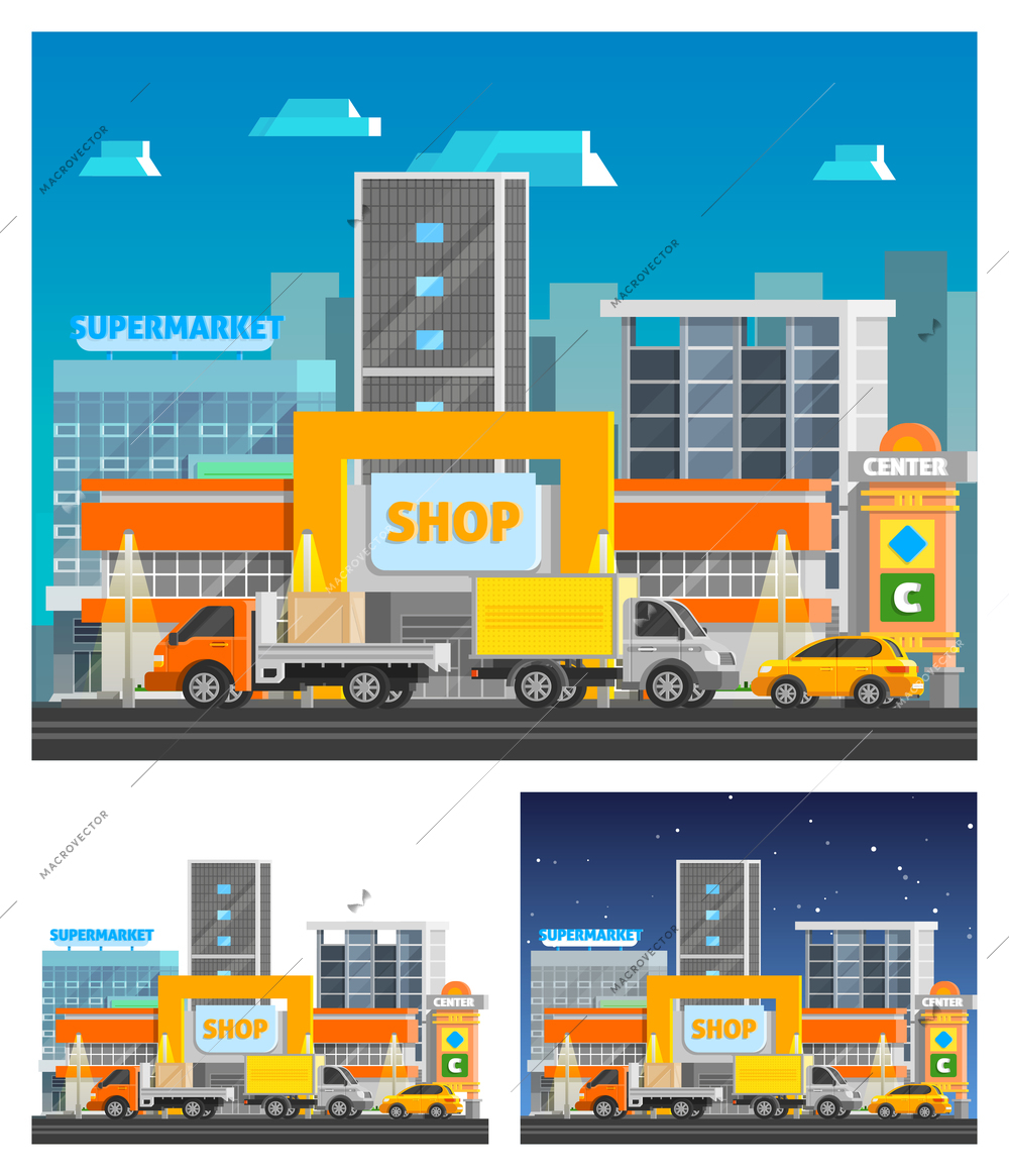 Shopping center building orthogonal compositions set with equipment and clothes symbols flat isolated vector illustration