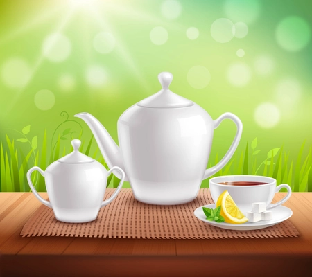 Elements of tea service composition with teapot sugar bowl and cup on wooden table vector illustration