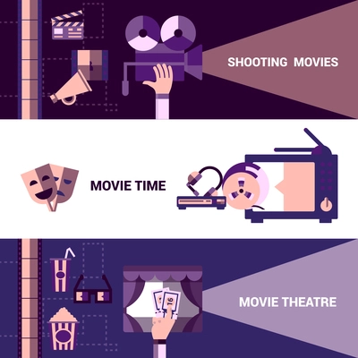 Flat horizontal cinema banners with shooting moives and moive theatre icons vector illustration