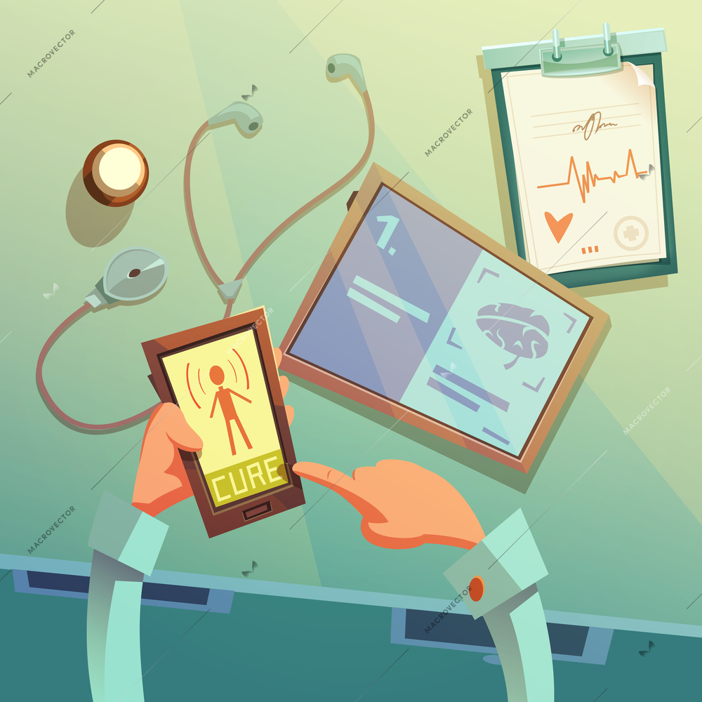 Online medical help cartoon background with medical equipment vector illustration