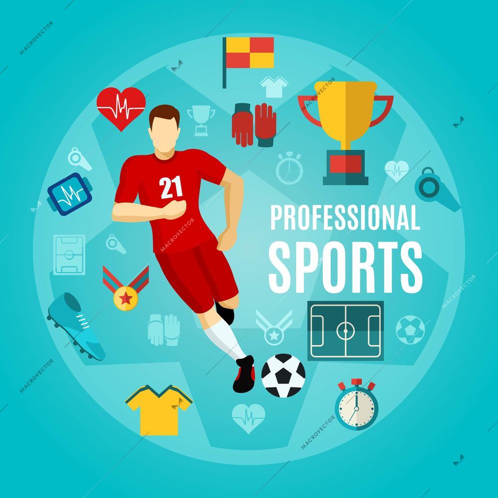 Professional sports flat icon set with sports equipment common elements and running footballer vector illustration