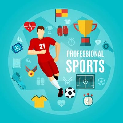 Professional sports flat icon set with sports equipment common elements and running footballer vector illustration