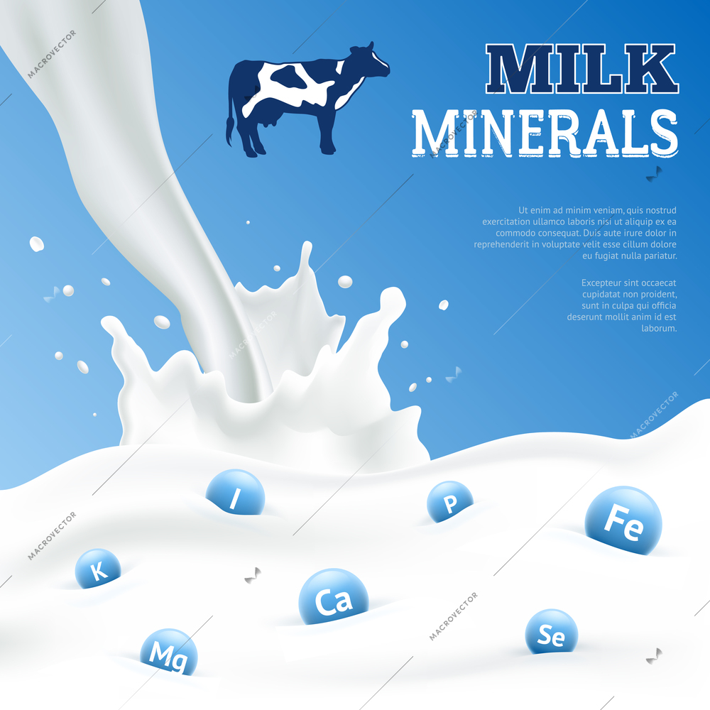 Milk minerals realistic poster with cow on blue background vector illustration