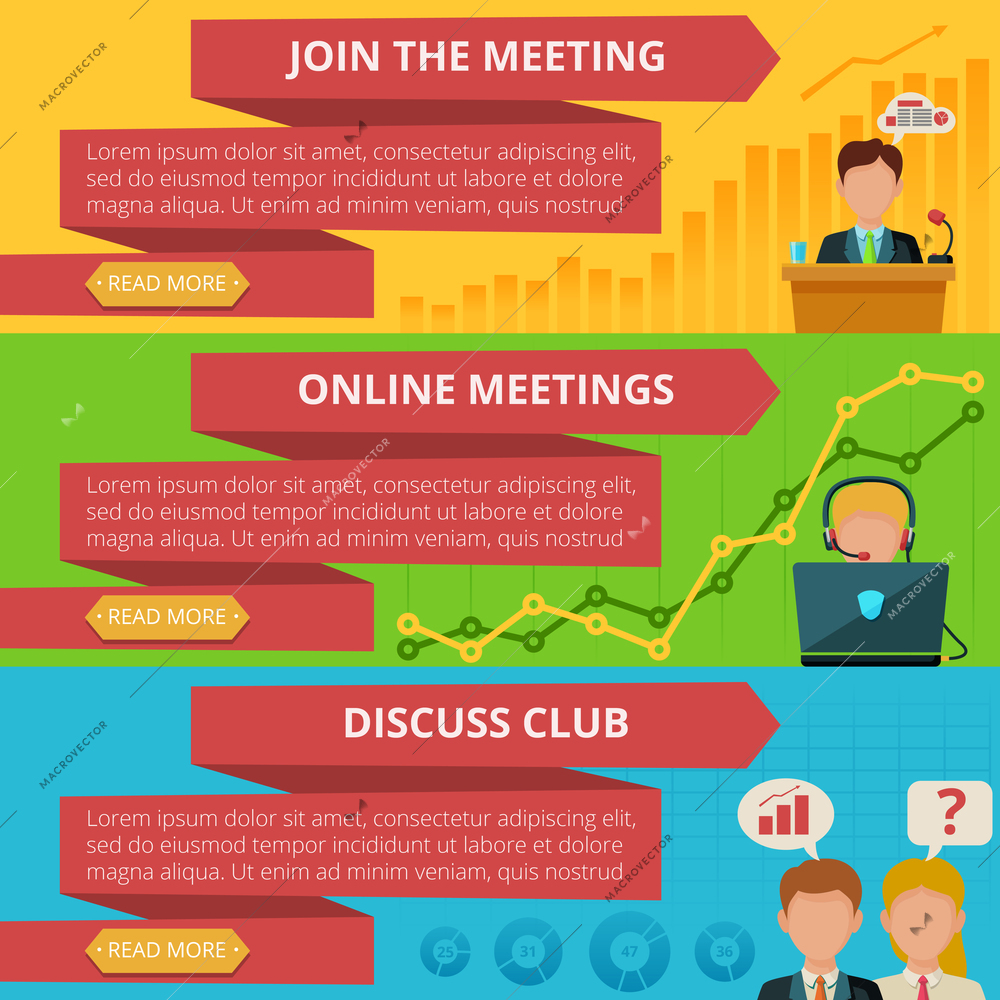 Meeting horizontal banner set with online discuss club flat elements isolated vector illustration