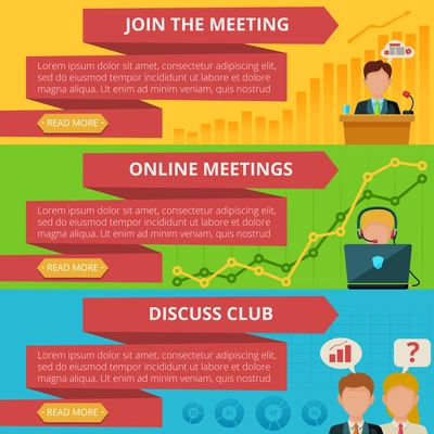 Meeting horizontal banner set with online discuss club flat elements isolated vector illustration