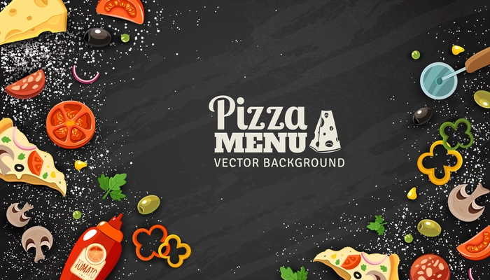 Pizza menu chalkboard cartoon background with fresh ingredients vector illustration