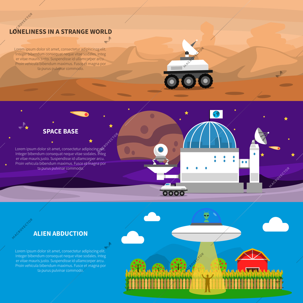 Cosmos horizontal banner set with alien abduction elements isolated vector illustration