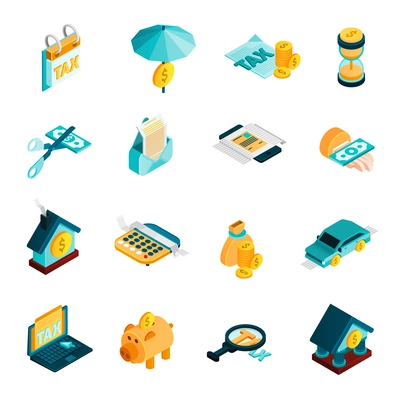 Tax isometric icons set with bank and money symbols isolated vector illustration