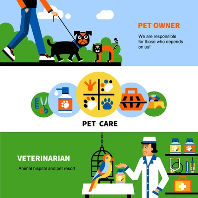 Flat horizontal Veterinary banners with owner of pet dog for walk pet care tools and veterinarian treating parrot vector illustration