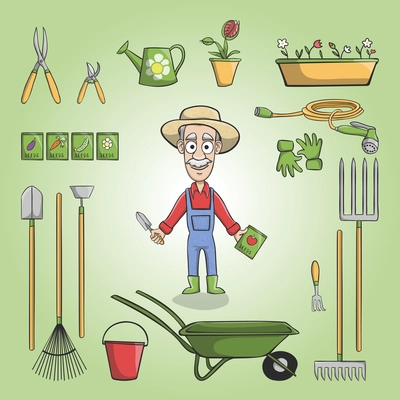 Happy gardener cartoon character in hat with plants seeds and tools set vector illustration