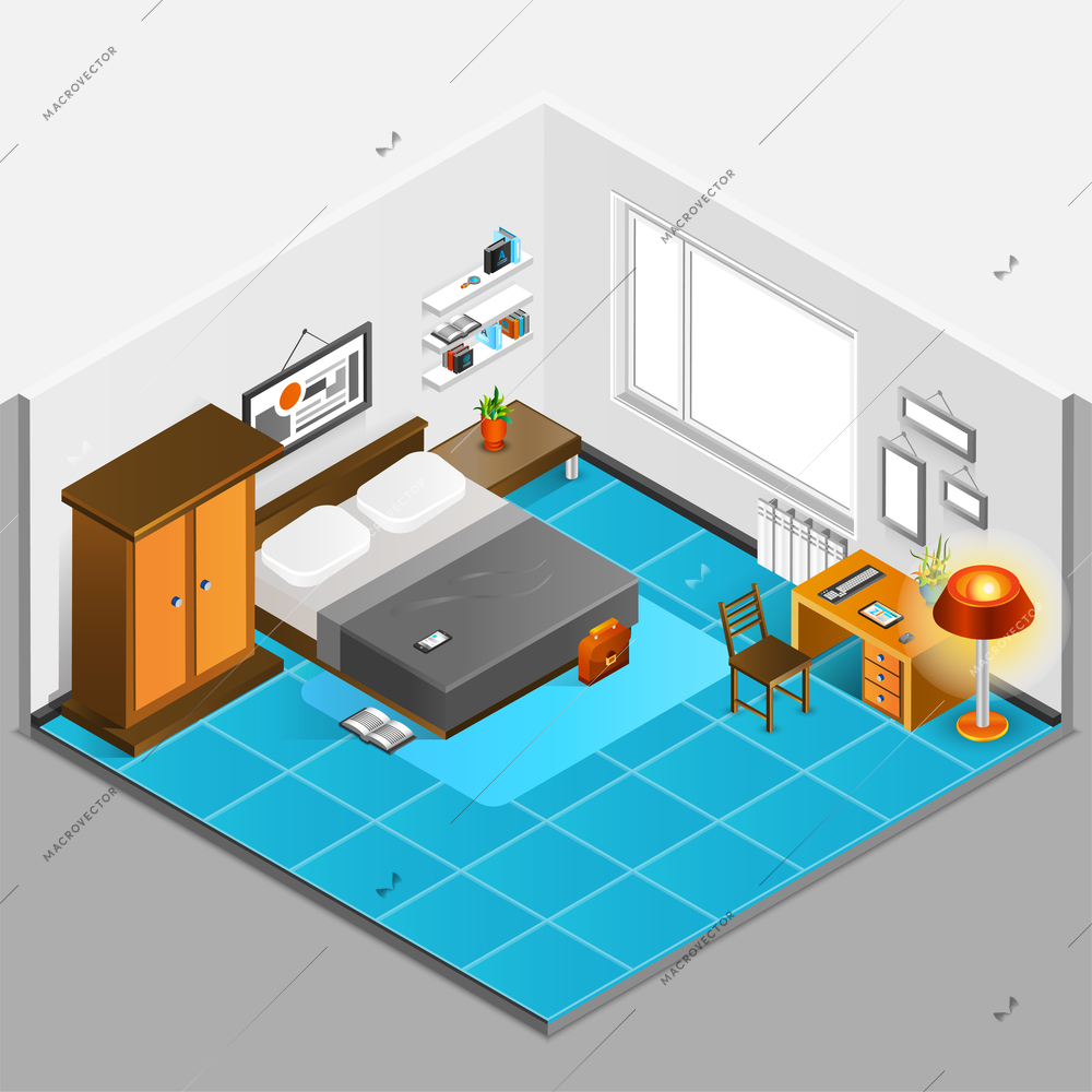 Home interior isometric concept with bedroom design and furniture vector illustration