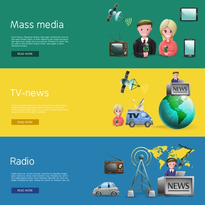Horizontal banners set of mass media industry with news presenters tv and radio broadcasting cartoon vetor illustration