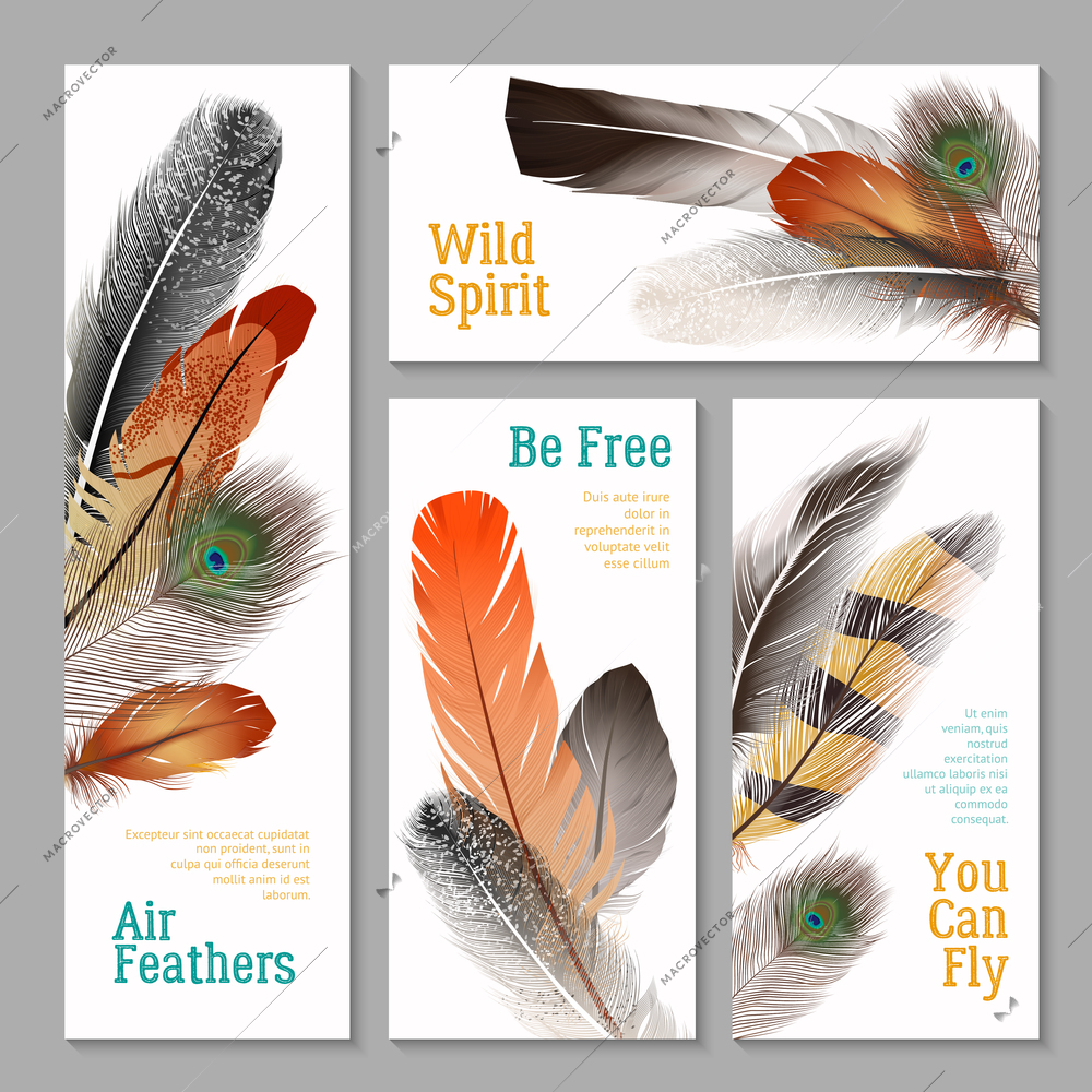 Feathers realistic banners set with wild spirit symbols realistic isolated vector illustration