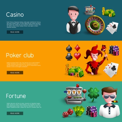 Banners set of mix casino icons separated on casino poker club and fortune groups cartoon vector illustration