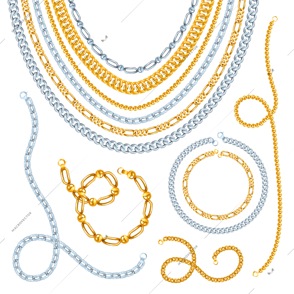 Golden and silver chains necklaces and bracelets with clasps realistic isolated vector illustration