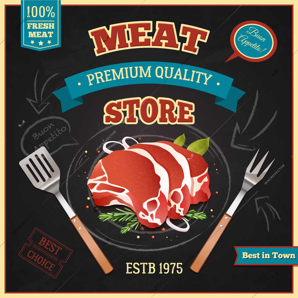 Premium quality chalkboard meat poster with fresh meat symbols realistic vector illustration