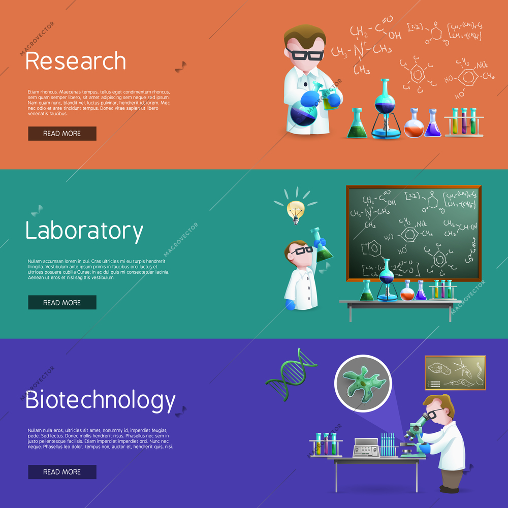 Science   horizontal banners  with assistants making biochemistry  research vector illustration