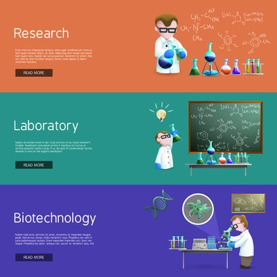 Science   horizontal banners  with assistants making biochemistry  research vector illustration