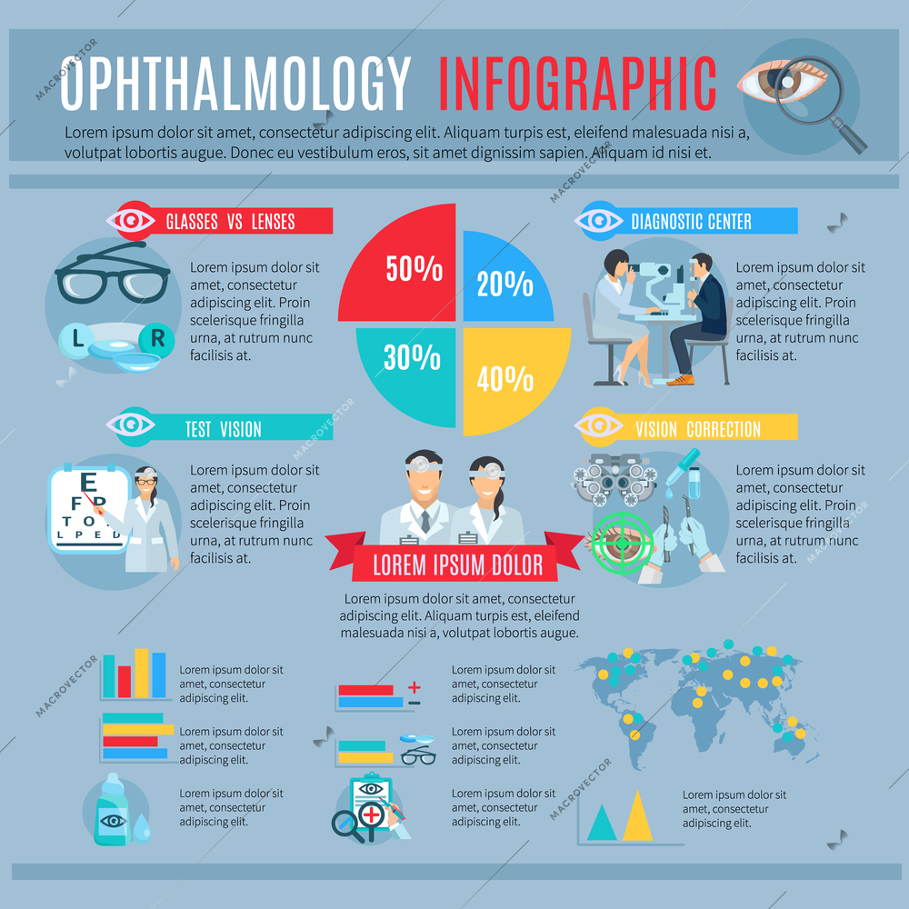 Ophthalmology center tests and vision correction options infographic with treatments and optics choice statistic diagrams abstract vector illustration