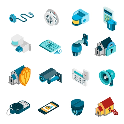 Security system isometric icons set with alarm and camera symbols isolated vector illustration