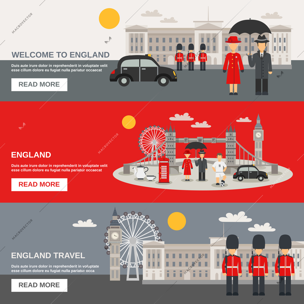 English culture traditions weather and landmarks for travelers information online 3 flat interactive banners set isolated vector illustration