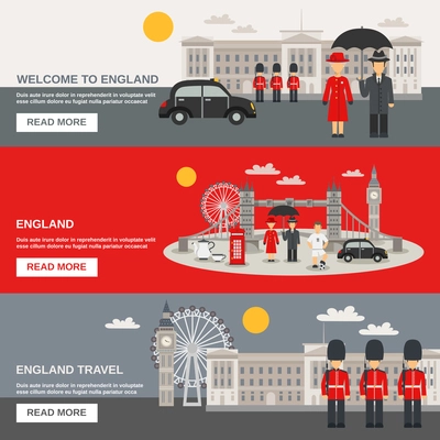 English culture traditions weather and landmarks for travelers information online 3 flat interactive banners set isolated vector illustration