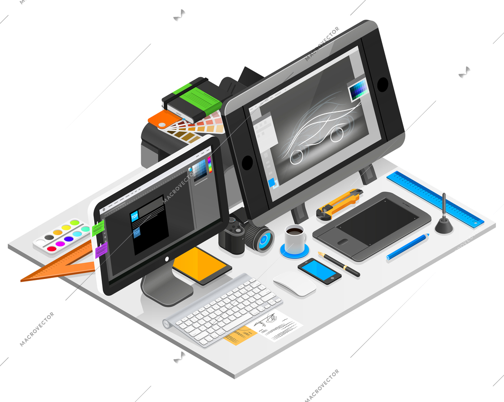 Graphic design workplace isometric concept with computer and coffee vector illustration