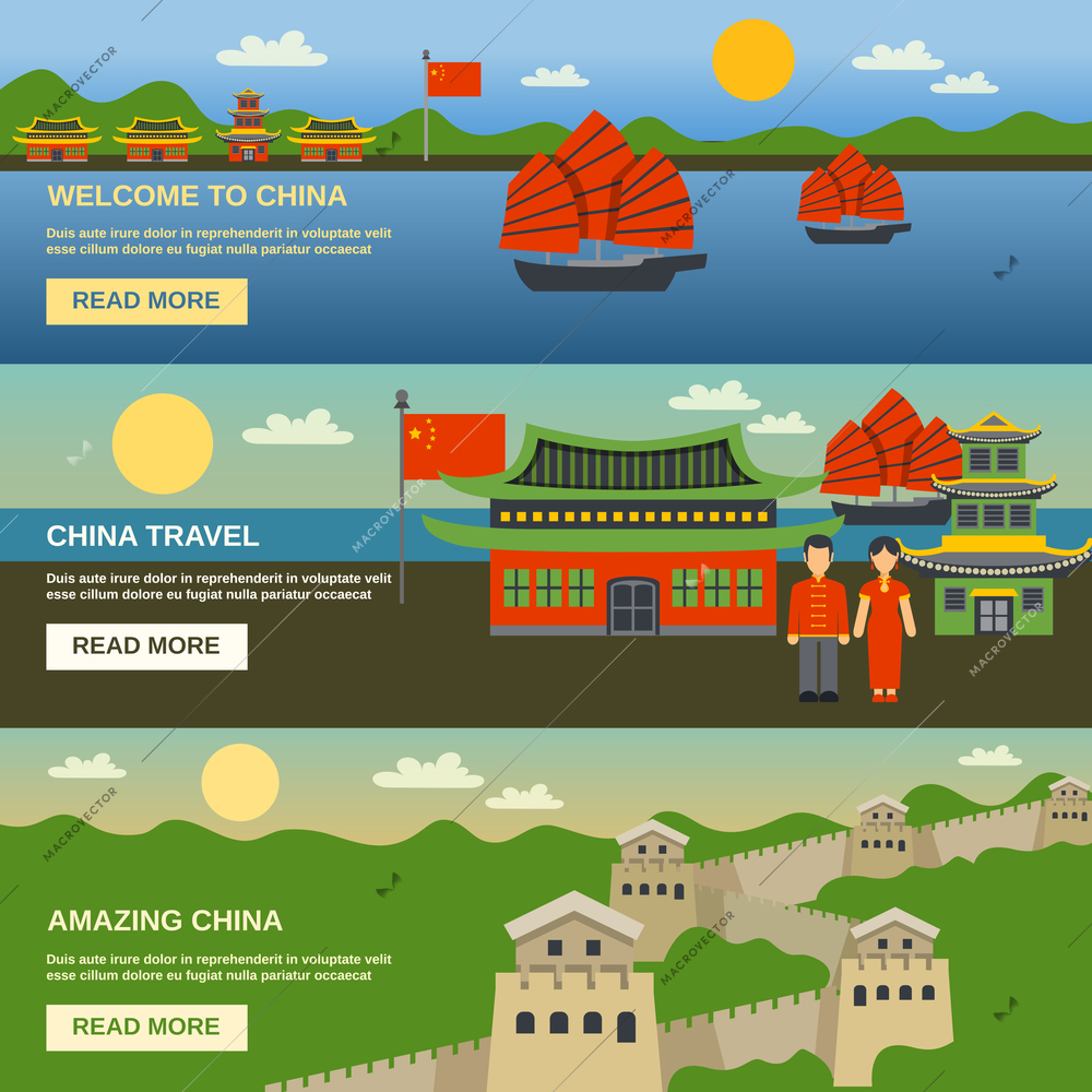 Chinese culture traditions and famous landmarks information for tourists 3 flat horizontal interactive banners isolated vector illustration