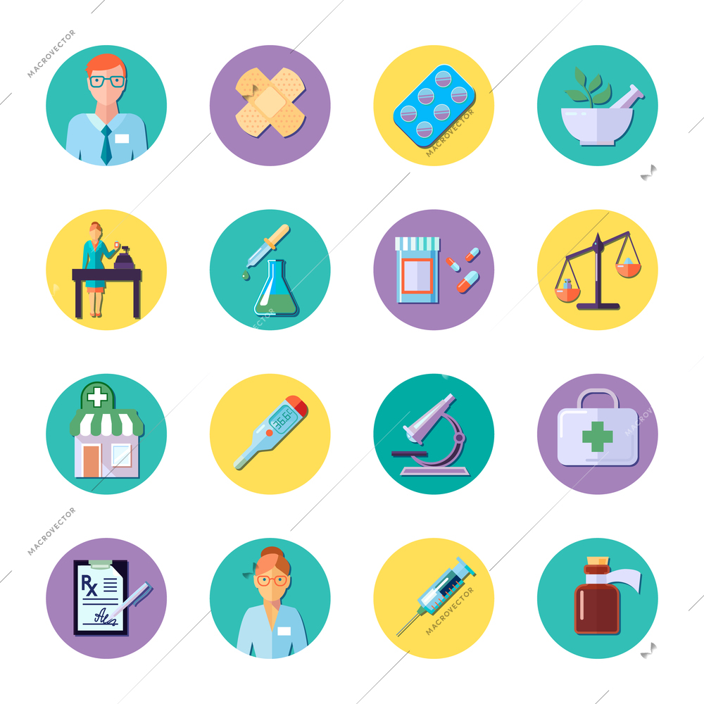 Pharmacy and science equipment colored circle icons set isolated in flat style vector illustration