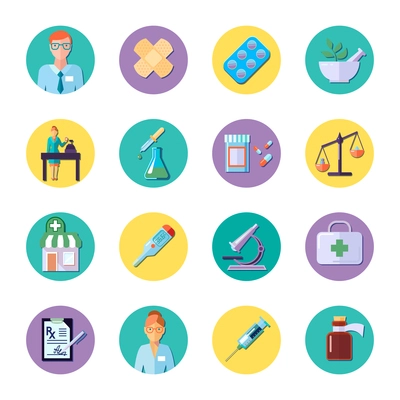 Pharmacy and science equipment colored circle icons set isolated in flat style vector illustration