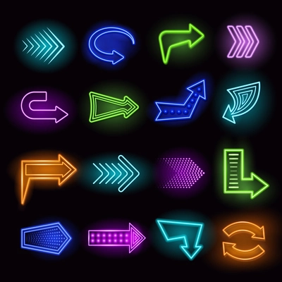 Neon realistic arrows set showing direction on black background isolated vector illustration