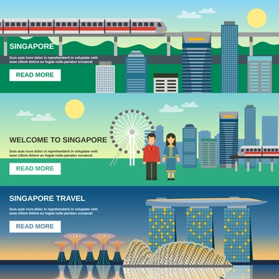 Singapore best tourist attractions webpage 3 flat horizontal banners with night cityscape and sightseeing pictures abstract vector illustration