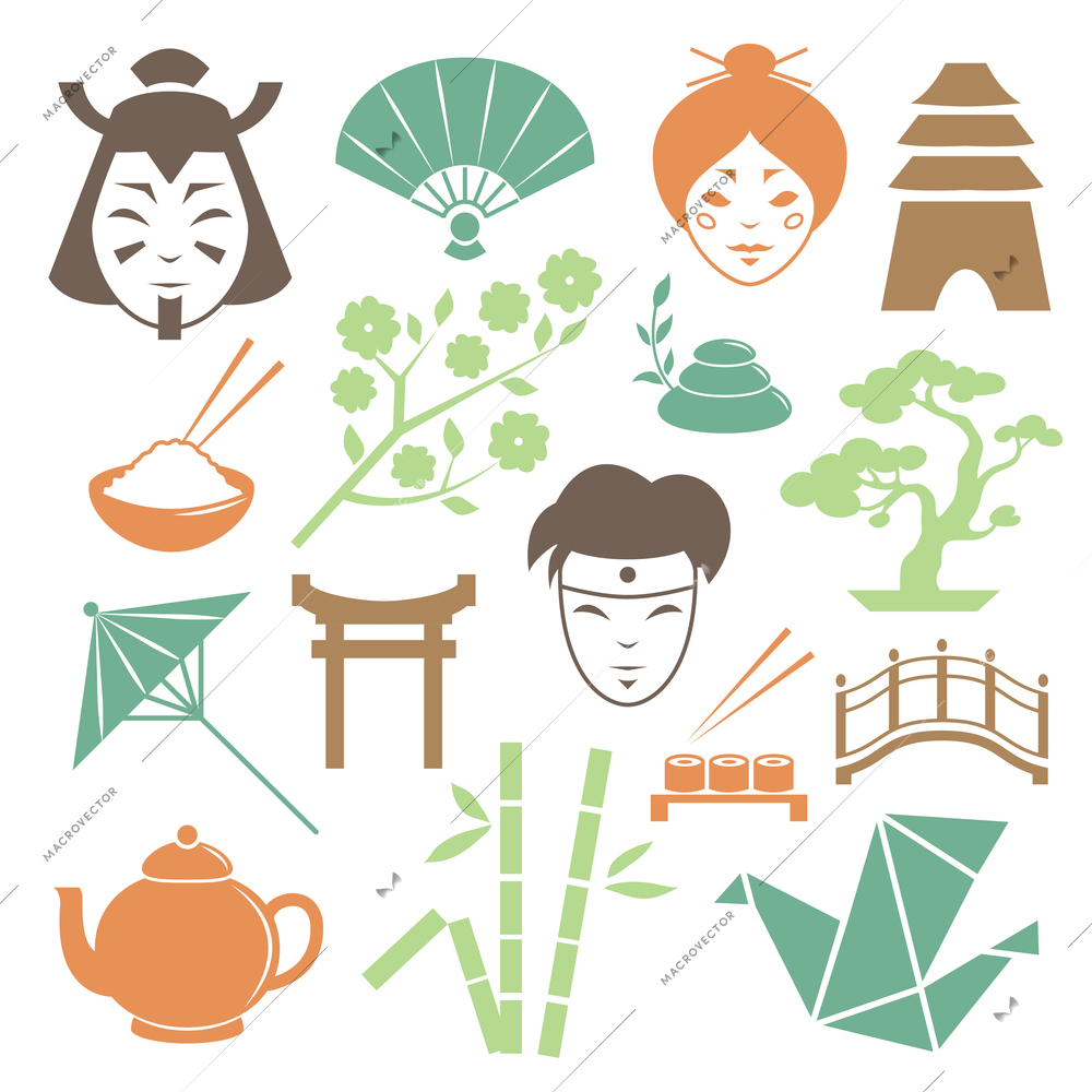 Japanese culture design elements collection of samurai geisha and traditional items isolated vector illustration