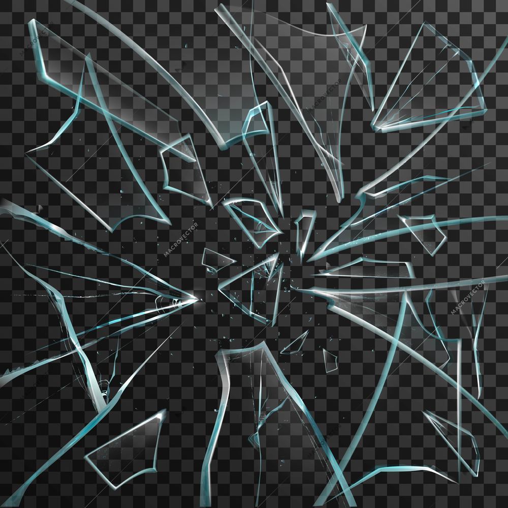 Realistic shards of transparent broken glass on abstract grey and black background vector illustration