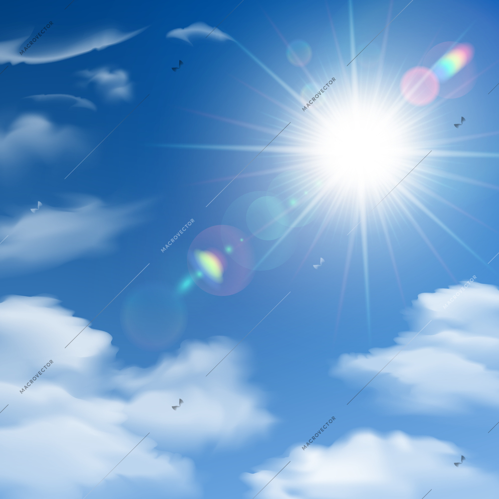 The sun shines bright light poster on the background of white clouds and clear blue sky vector illustration