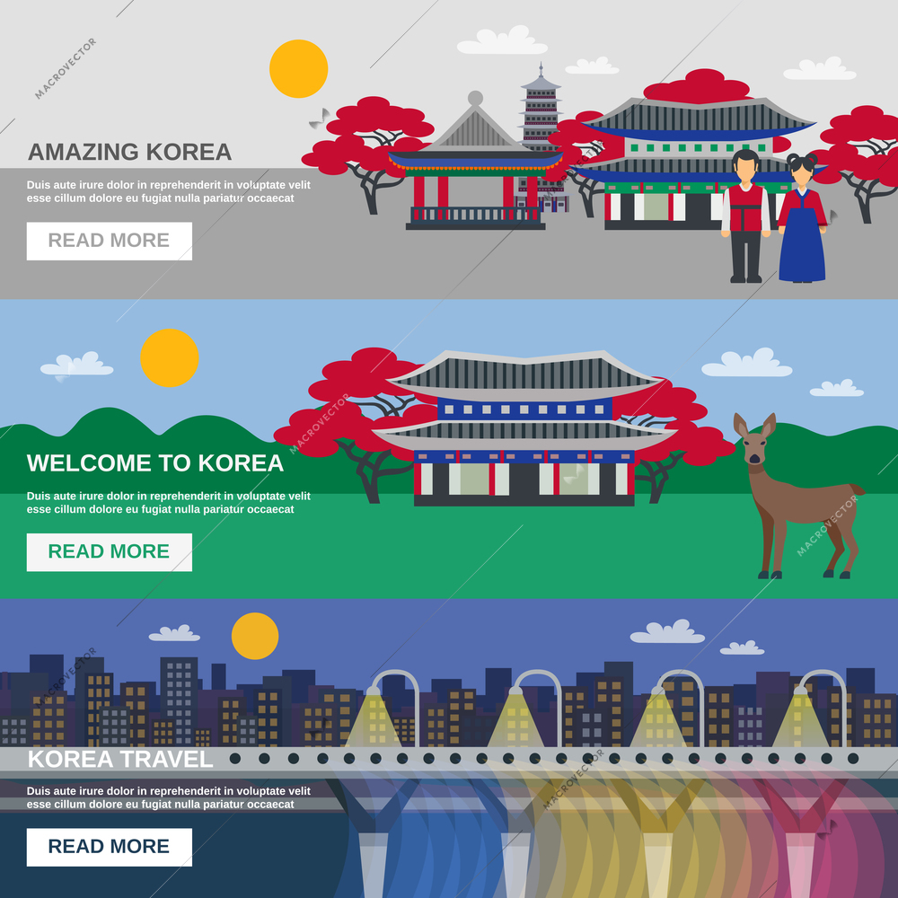 Korean cultural traditions symbols and landmarks information for tourists 3 flat horizontal interactive banners isolated vector illustration