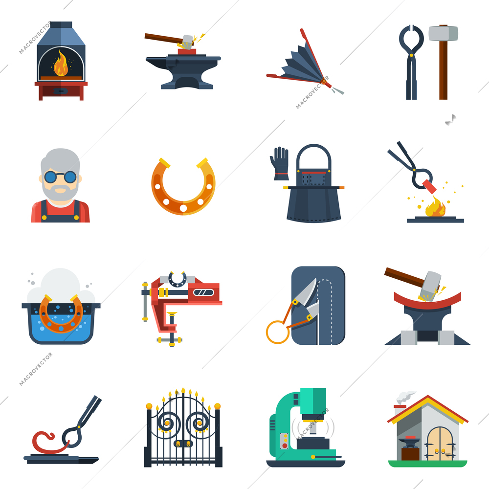 Blacksmith flat color icons set with hammer  anvil tongs clamp horseshoe isolated vector illustration