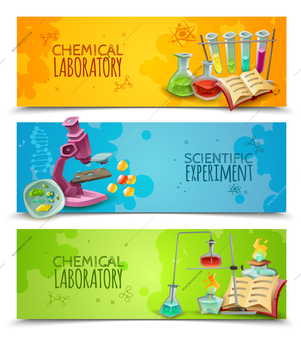 Chemical research laboratory equipment for scientific experiment 3 flat abstract horizontal banners set vector isolated illustration