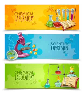 Chemical research laboratory equipment for scientific experiment 3 flat abstract horizontal banners set vector isolated illustration