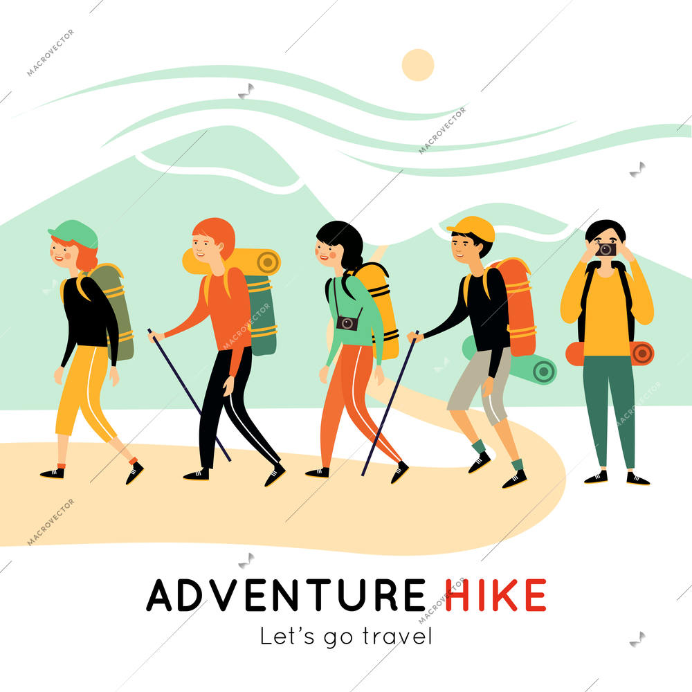 Adventure hike of happy friends with backpacks mats cameras walking sticks and  mountain landscape vector illustration