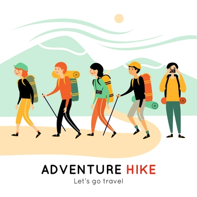 Adventure hike of happy friends with backpacks mats cameras walking sticks and  mountain landscape vector illustration