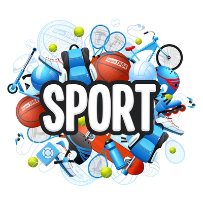 Summer sports cartoon concept with sports equipment and outfit vector illustration