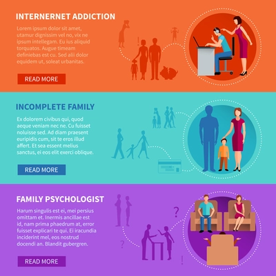 Flat horizontal banners set illustrating psychological causes of family problems vector illustration