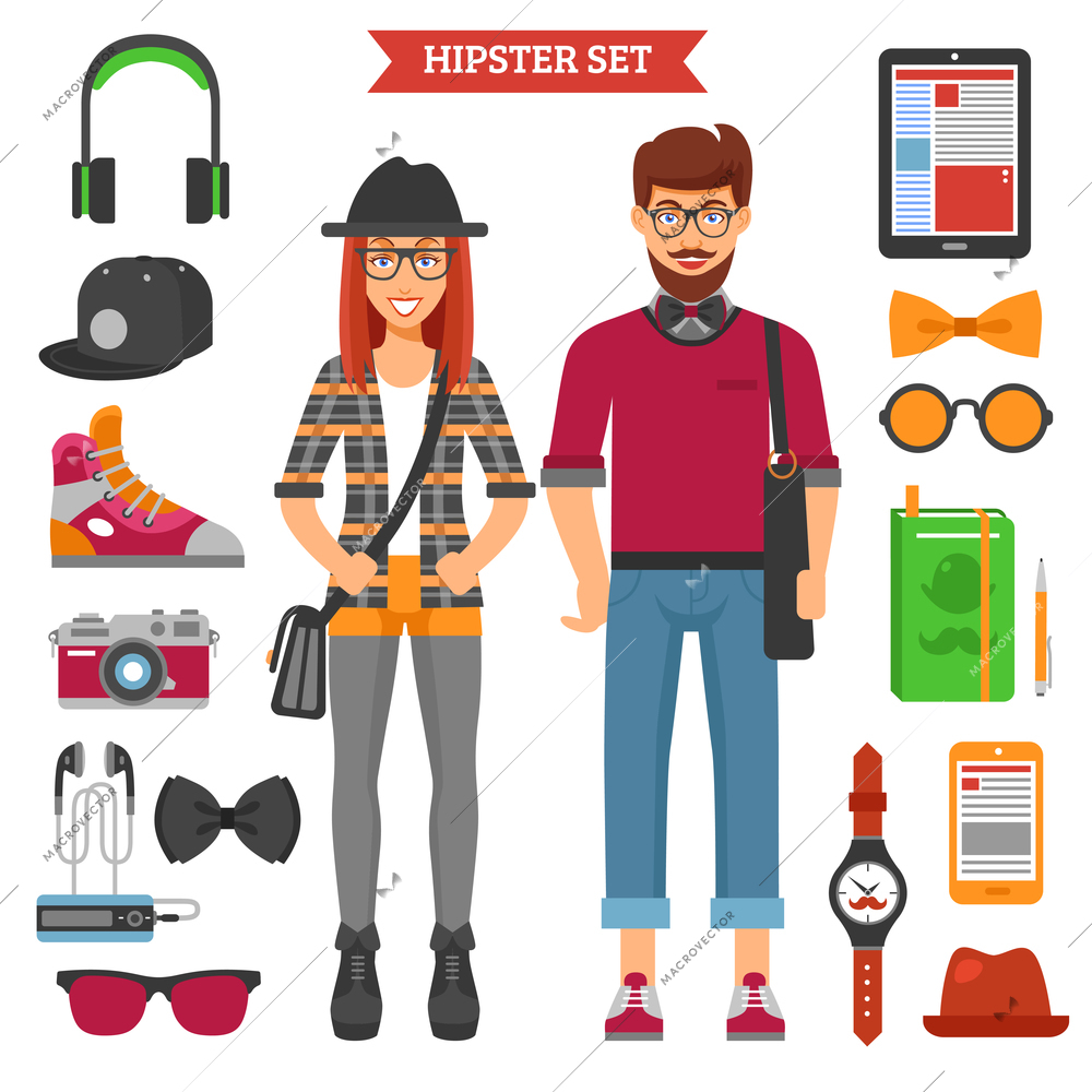 Hipster couple decorative icons set with funky woman and man bow hat headphones sneakers isolated vector illustration