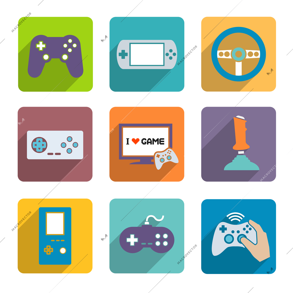 Video computer console games controller icons set of joystick keypad steering wheel isolated vector illustration