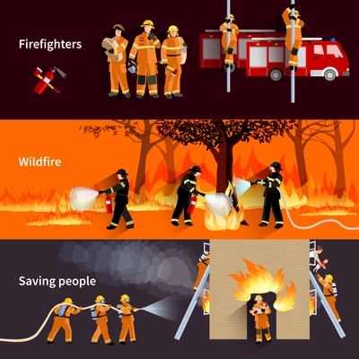 horizontal Firefighter people banners with firefighters alerting wildfire and brigade extinguishing flames in residential house flat vector illustration