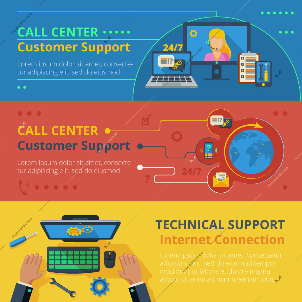 Support horizontal banner set with technical call center flat elements isolated vectro illustration