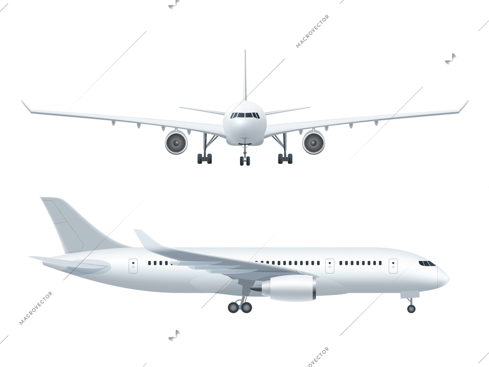 White airplane icon set  on a white background in profile and from the front isolated vector illustration